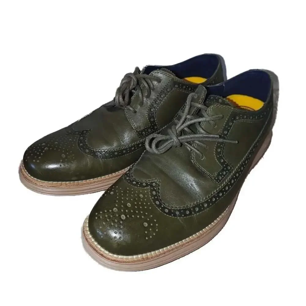 Cole Haan Lunarlon Wingtip Oxford Size 10 Men Dress Shoes Olive Green Leather
